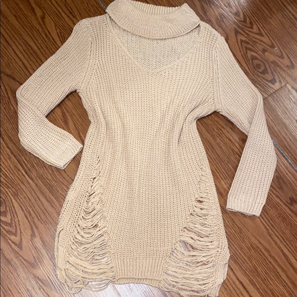 Dresses & Skirts - Beige Open-Knit Fringe Turtleneck Sweater Dress